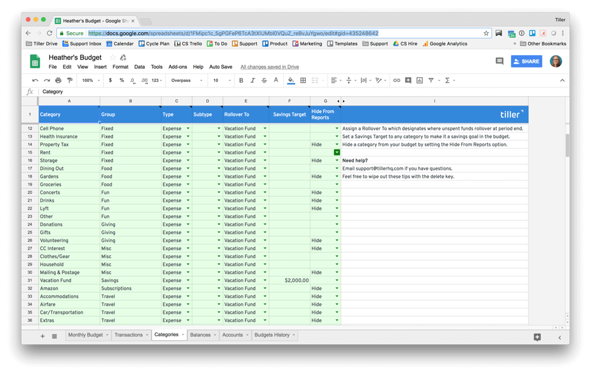 savings goals spreadsheet categories