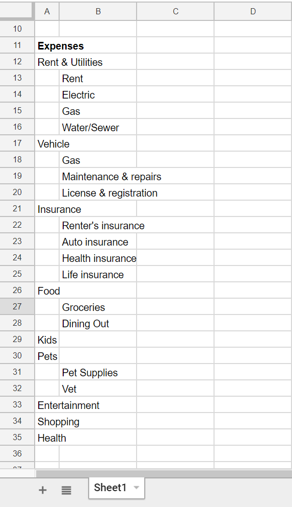 image 1 Budget Categories in Google Sheets
