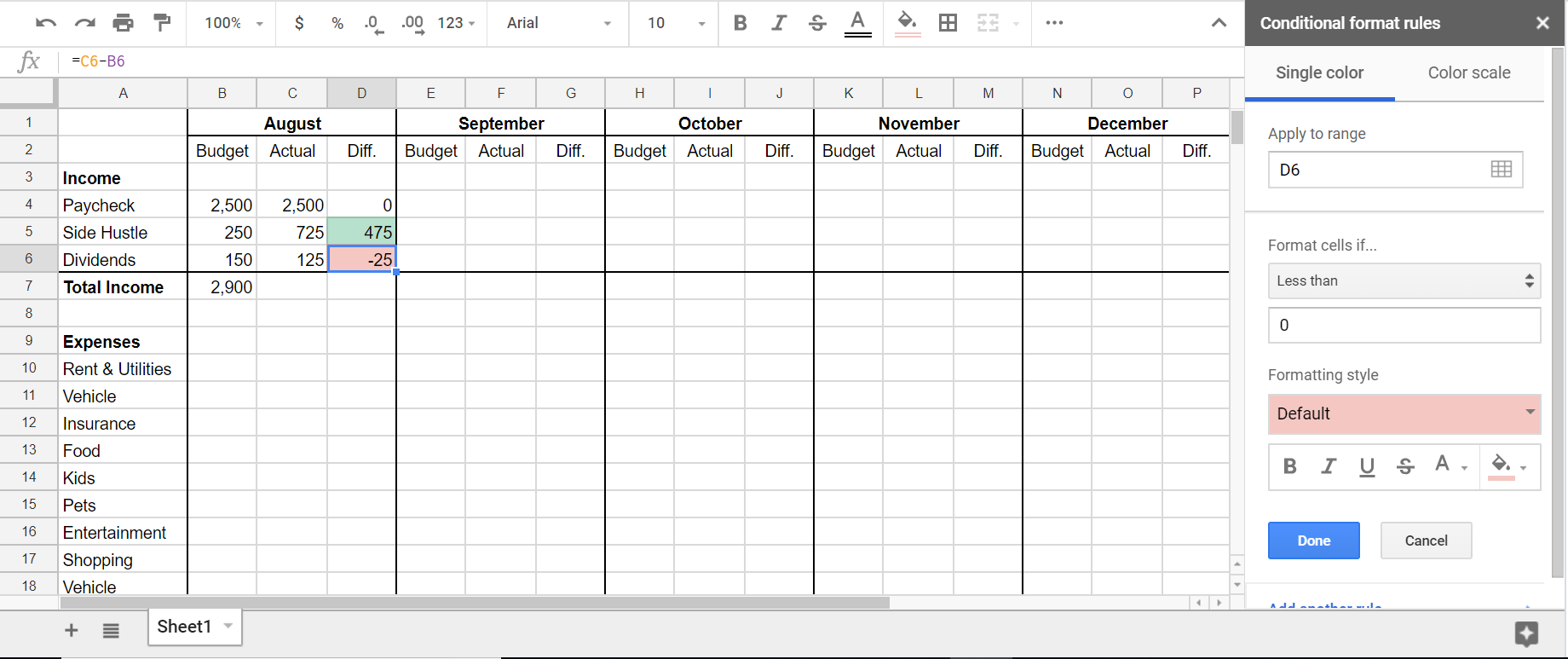image 5 Conditional Formatting in Google Sheets Budget