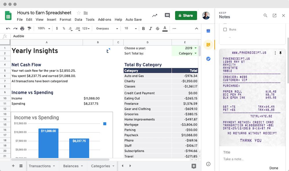 null 10 Receipts in Google Keep with Sheets