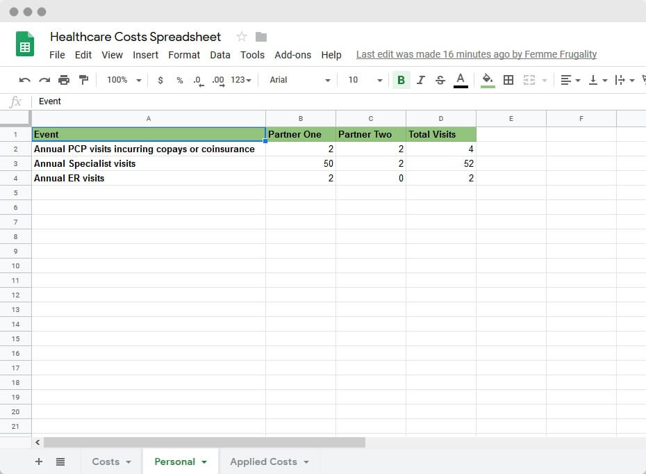 Tiller personal Healthcare Spreadsheet