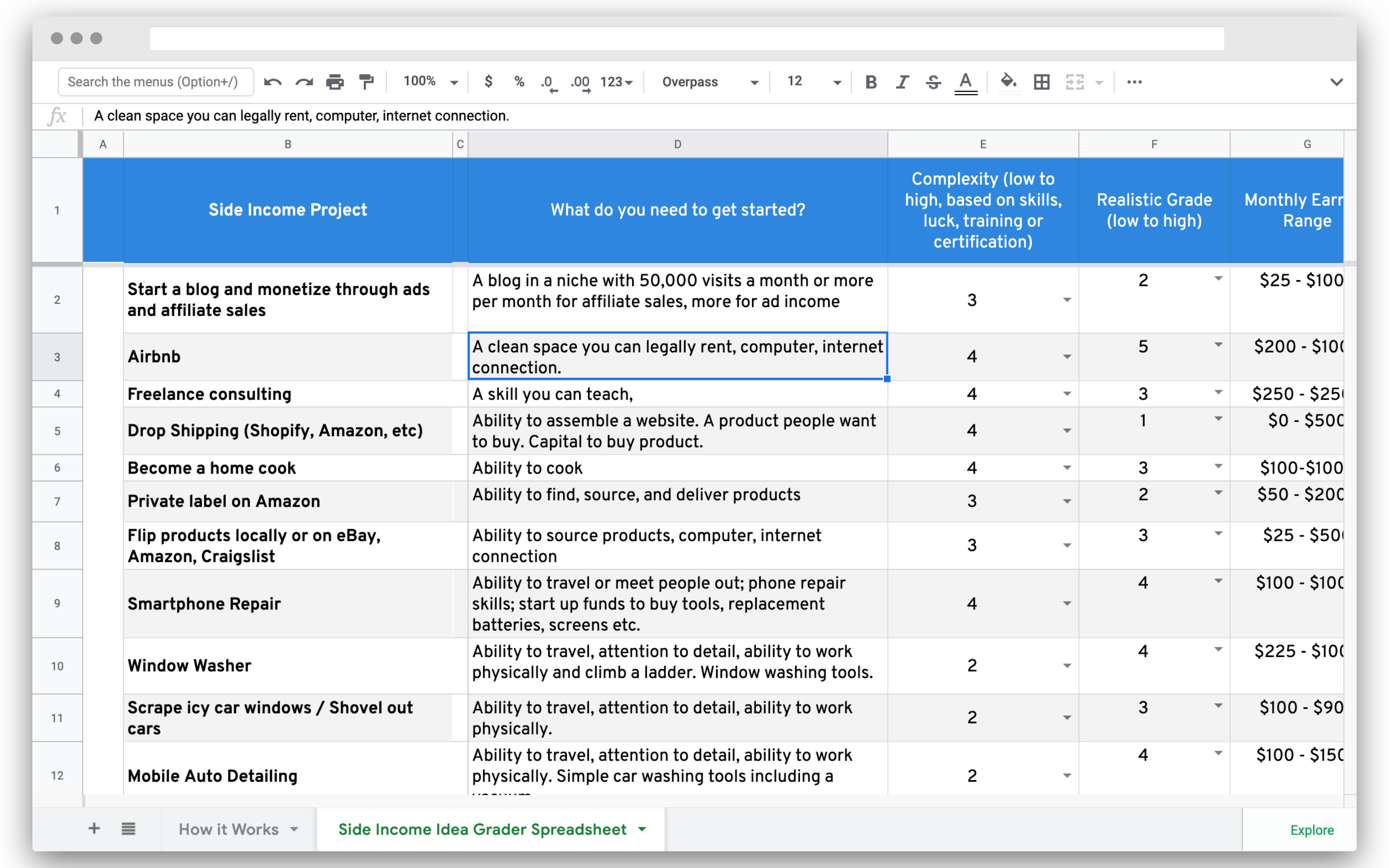 Side Hustle Spreadsheet