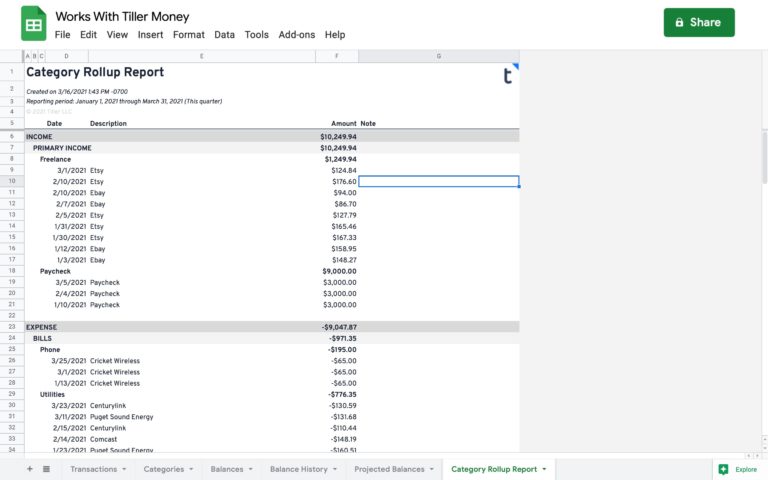 category rollup report for google sheets