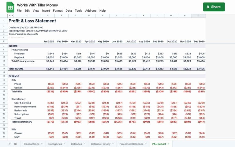 profit and loss report for google sheets works with tiller money