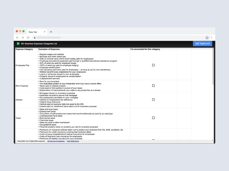 Business Expense Categories spreadsheet of business expenses