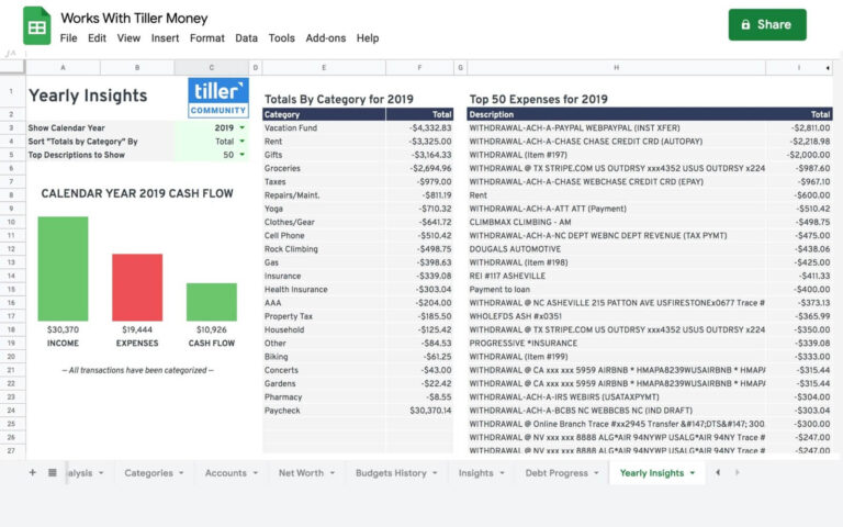 yearly insights sheet works with tiller money