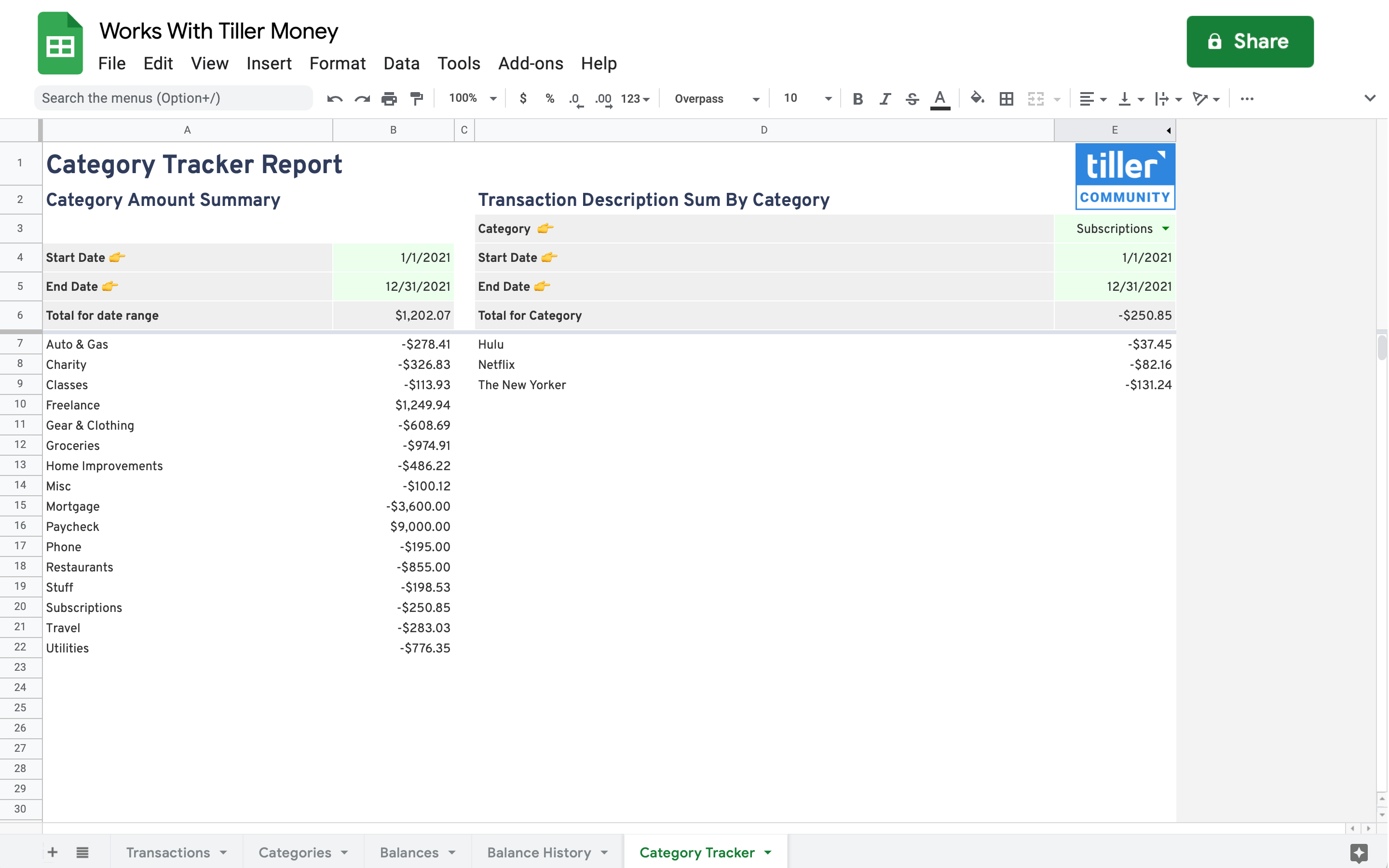 category tracker for google sheets works with tiller money