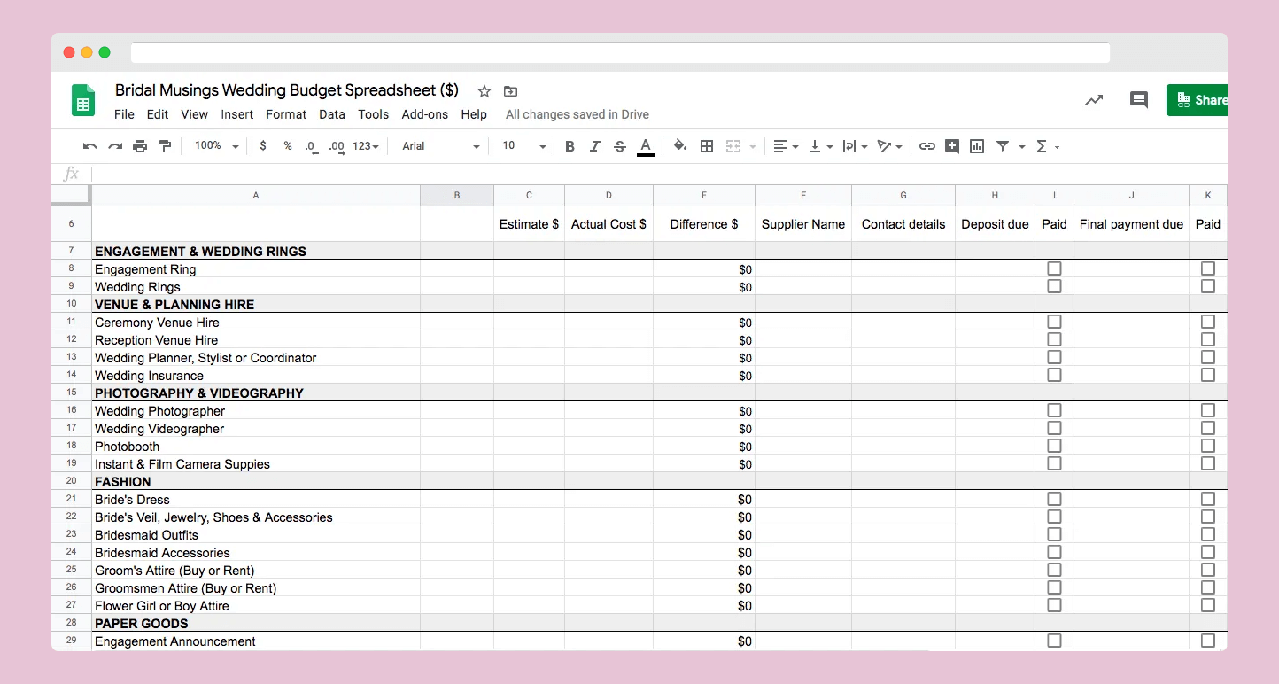 Bridal Musings Spreadsheet bridal musings spreadsheet