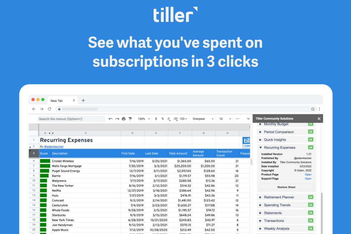 spreadsheet track subscriptions