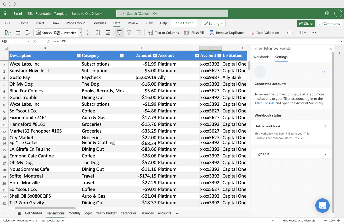 tiller foundation template 2022 microsoft excel transactions simple browser