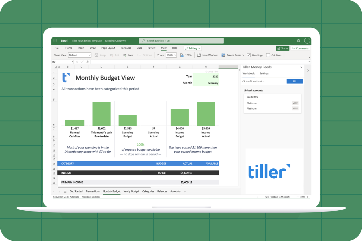 tiller monthly budget excel