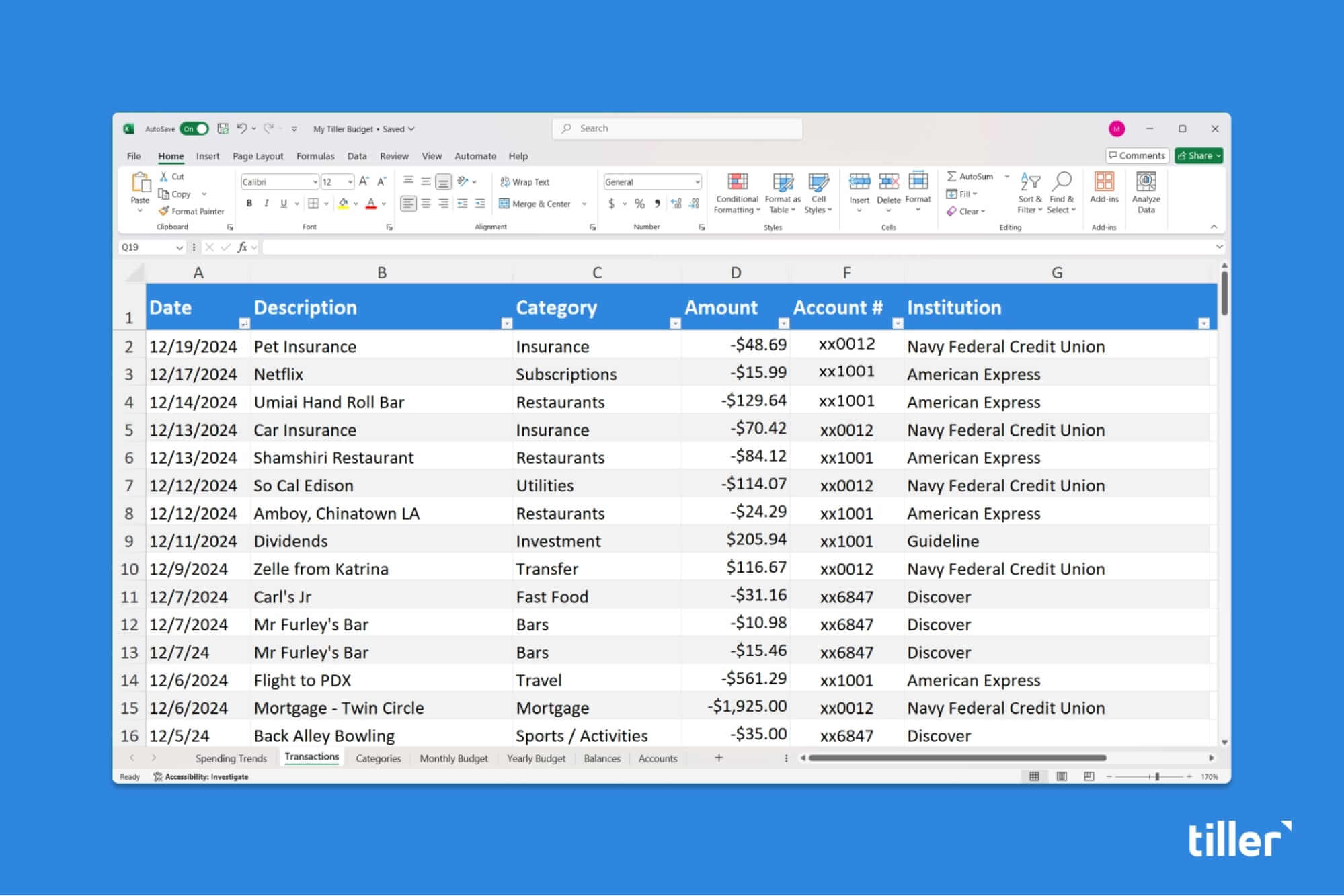 Tiller Money Feeds for Excel