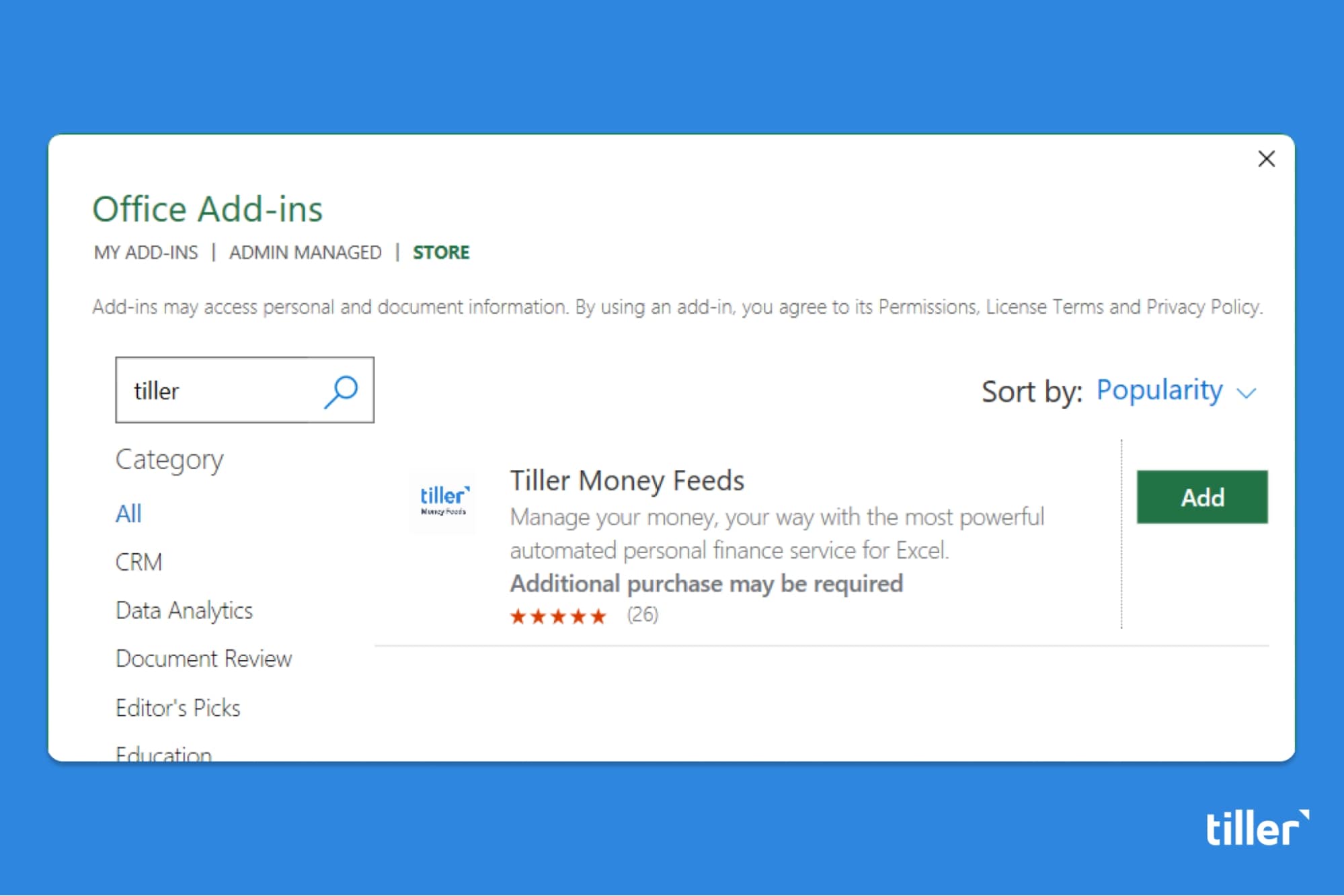 The Tiller Money Feeds Office Add-in