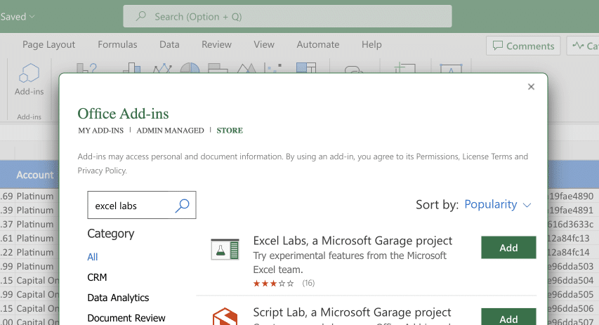 Excel Labs Add in 1 Installing the Excel Labs Add-in from the Microsoft Office Story