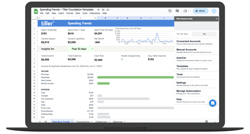 Spending Trends Blackbook Sidebar Tiller Foundation Template: Spending Trends dashboard