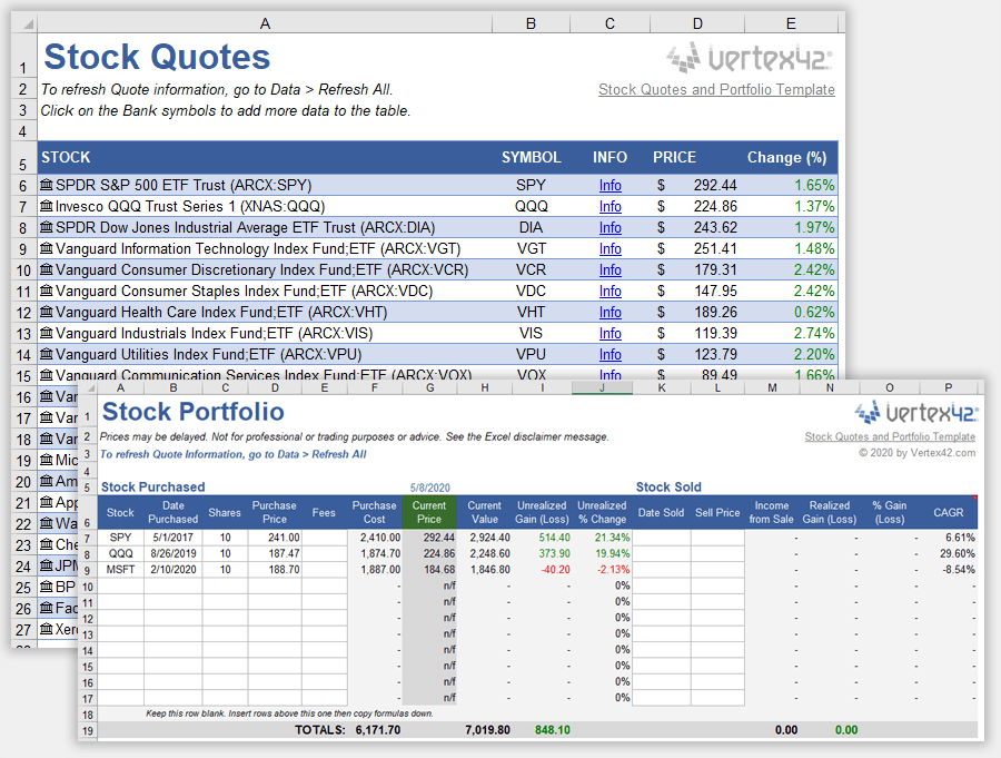 excel stock quotes and portfolio template